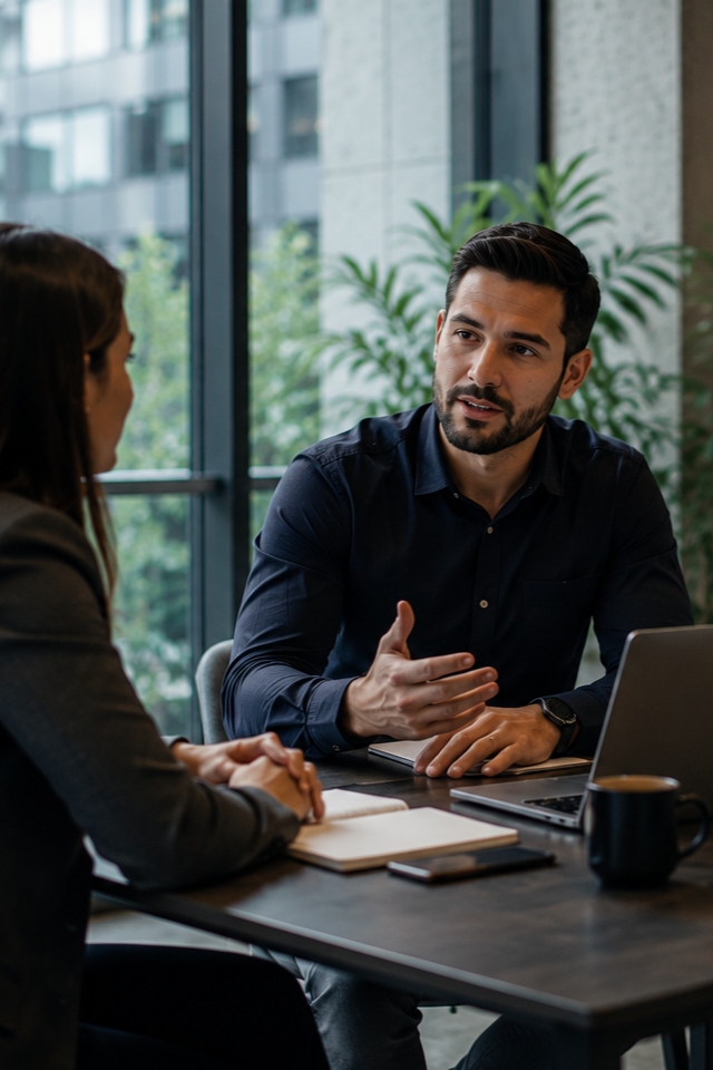 Profesionales de consultoría reunidos con un cliente para analizar un proyecto