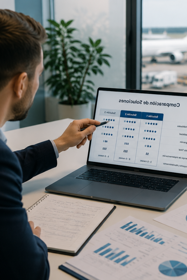 Profesionales comparando soluciones empresariales para una empresa de transporte aéreo