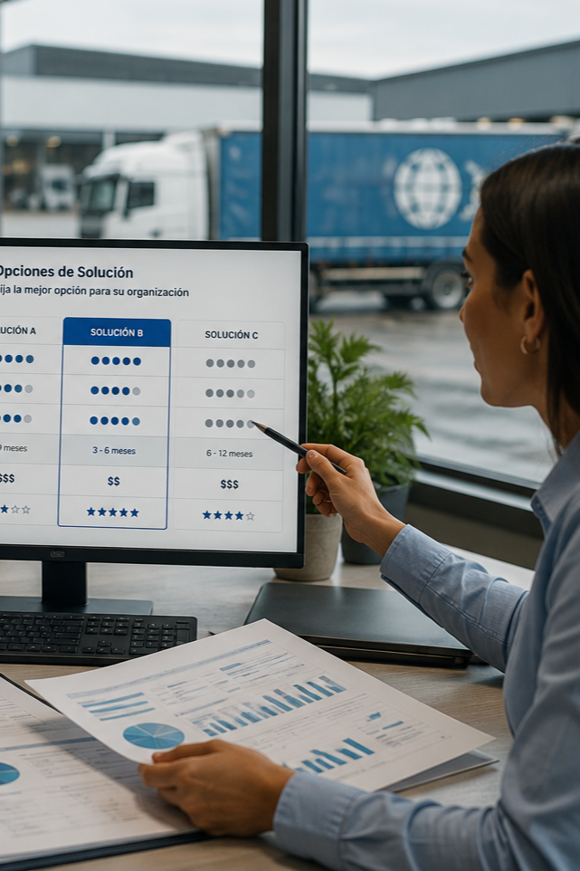 Profesionales evaluando soluciones empresariales para una empresa de logística